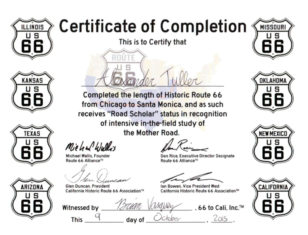 Route 66 Certificate of Completion